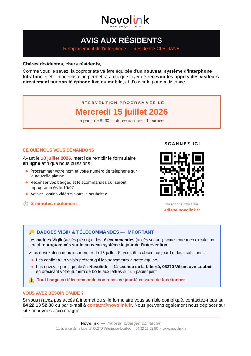Affiche A4 avec QR code distribuée dans le hall de la résidence CI EDIANE pour le formulaire de recensement