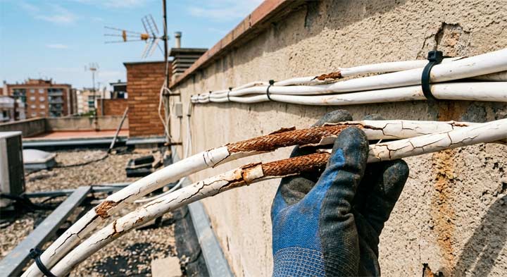 Câbles coaxiaux extérieurs en PVC blanc fissurés avec tresse oxydée visible