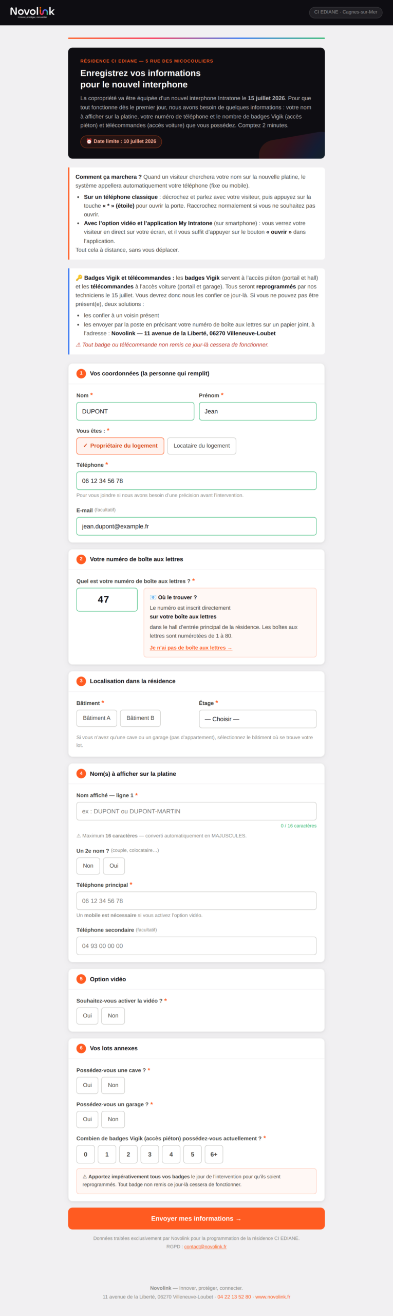 Vue d'ensemble du formulaire en ligne sur mesure pour le recensement d'une copropriété par Novolink