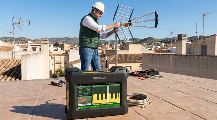 Technicien Novolink réglage antenne TNT sur toiture avec mesureur de champ professionnel